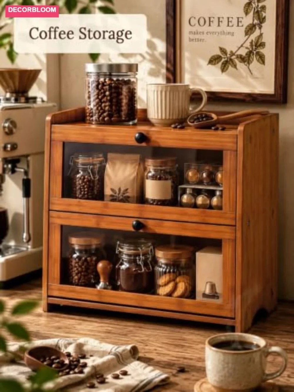 2 Tier Bamboo Bread Box with Clear Windows for Kitchen Countertop Storage